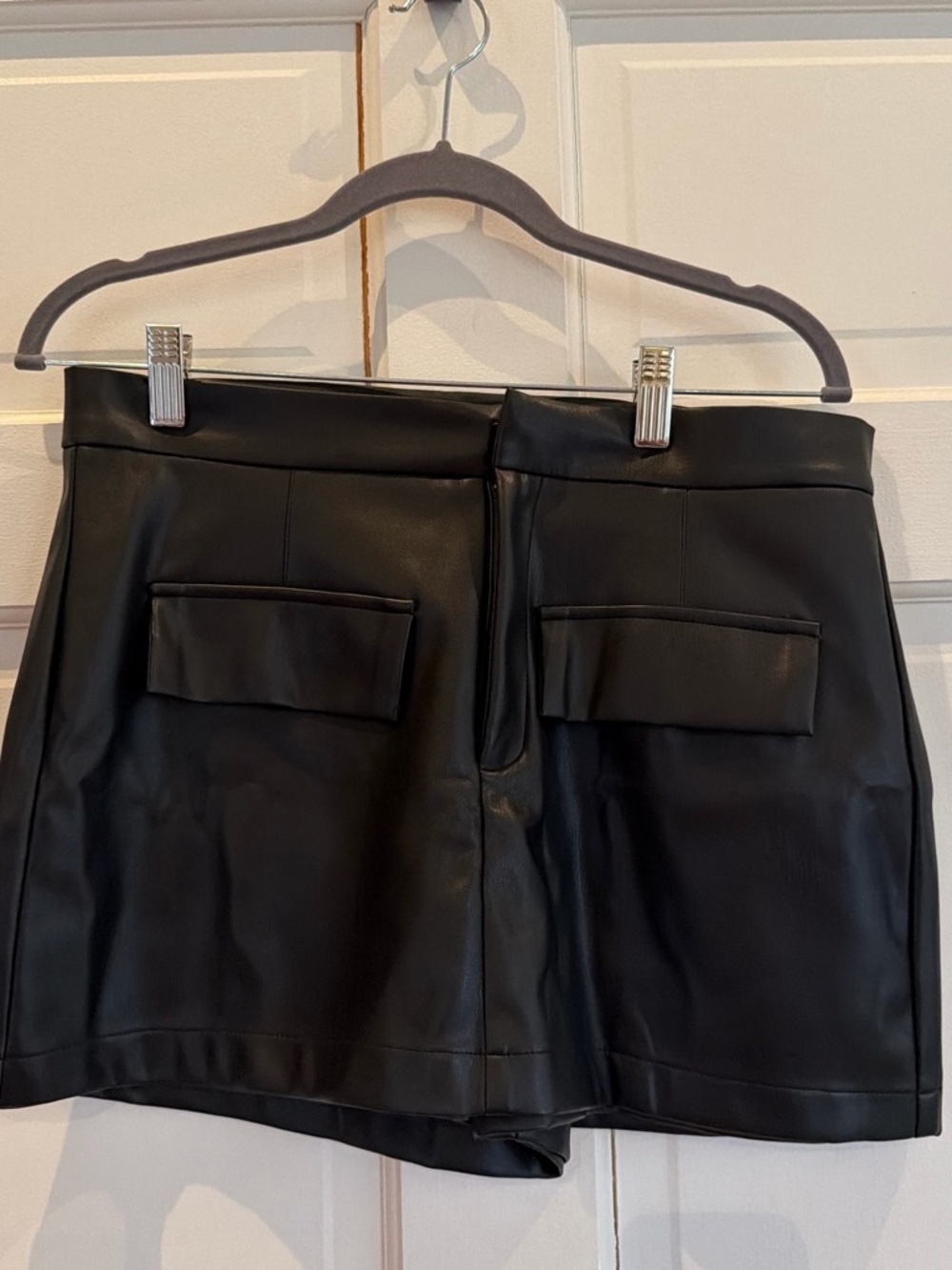 Black Faux Leather Mini Skort with Front Flap Pockets